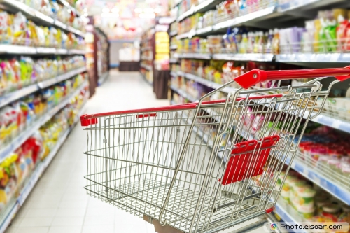 Supermarket-interior-empty-red-shopping-cart